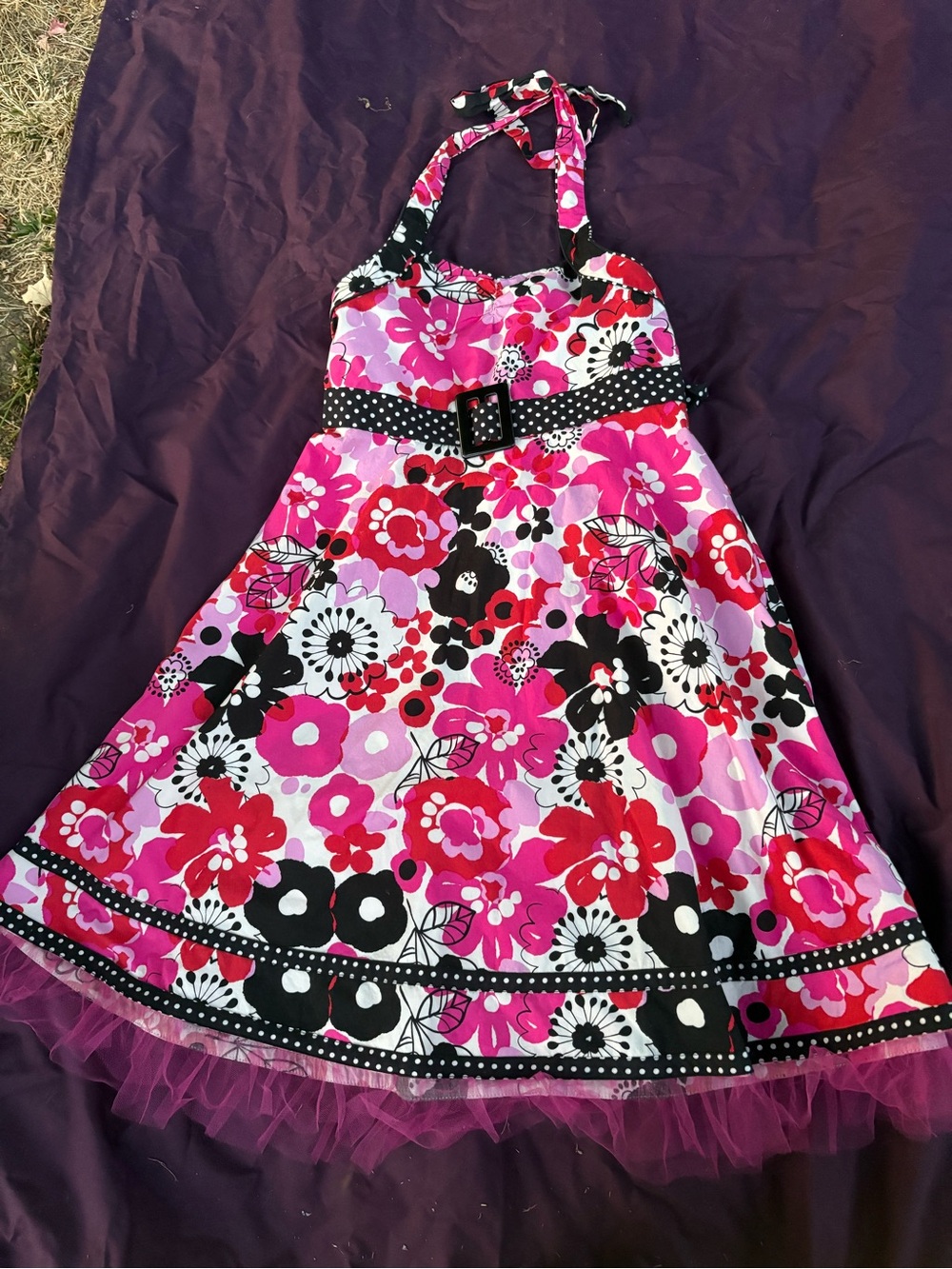 Girls' Pink Floral Halter Dress with Polka-Dot Belt